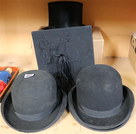 2 top hats, 3 bowler hats